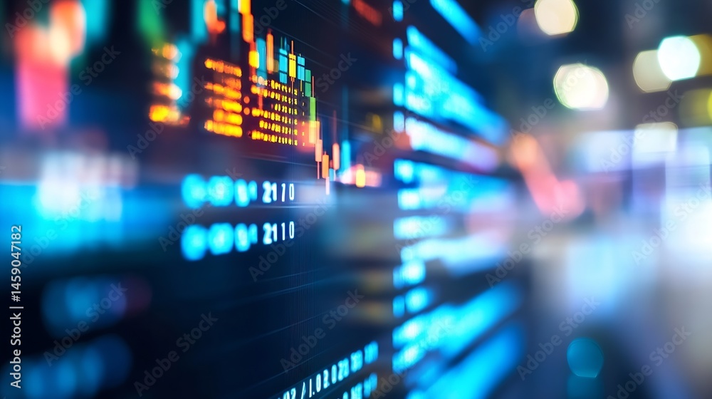 Leinwandbilder Abstract financial data visualization: vibrant blue and orange hues illuminate a dynamic stock market display, showcasing fluctuating numbers and candlestick charts on a dark screen. : Generative AI