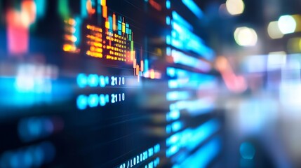 Abstract financial data visualization: vibrant blue and orange hues illuminate a dynamic stock market display, showcasing fluctuating numbers and candlestick charts on a dark screen. : Generative AI