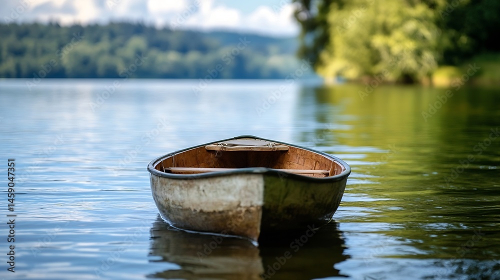 Poster a weathered wooden canoe floats serenely on a calm lake, surrounded by lush green trees and a tranqu