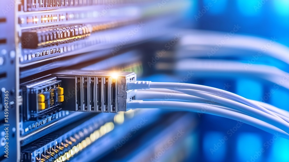 Poster Close-up view of fiber optic cables connecting to a network switch in a server room, showcasing the intricate details of data transfer technology. : Generative AI