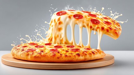 Delicious pepperoni pizza with melted cheese on a wooden board against an isolated white background