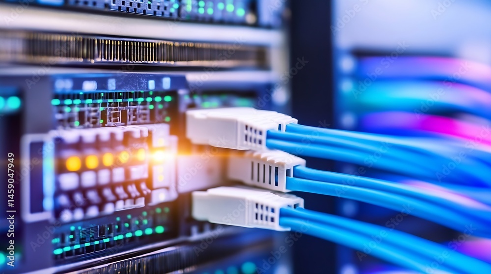 Poster close-up view of fiber optic cables connected to a network server, showcasing vibrant blue cables an