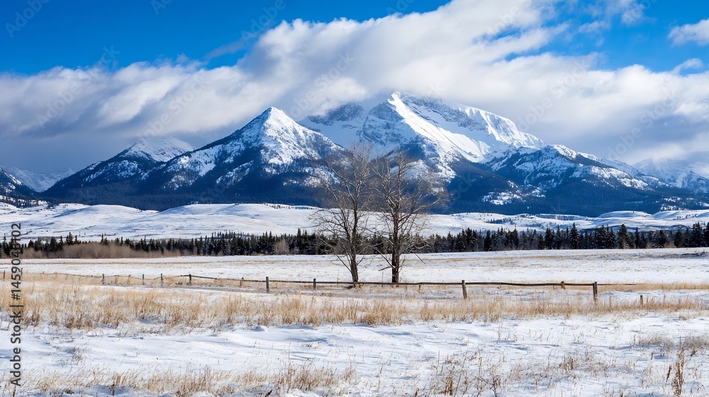 Poster snowy mountain range viewed from a winter field with a wooden fence and two leafless trees in the fo