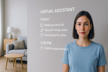 Virtual Assistant Display. A young woman standing next to a holographic AI interface assistant task list in a modern living room.