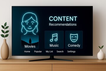 Content Recommendation. A TV screen showing AI-generated entertainment recommendations for movies, music, and comedy.