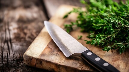 A sharp kitchen knife rests on a rustic wooden cutting board, next to a bunch of fresh thyme sprigs.  The scene evokes a feeling of culinary preparation and natural ingredients. : Generative AI