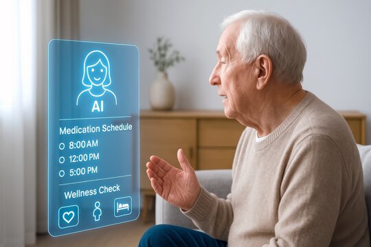 AI Elder Care. An elderly man speaking to a virtual assistant displaying his medication and wellness schedule.
