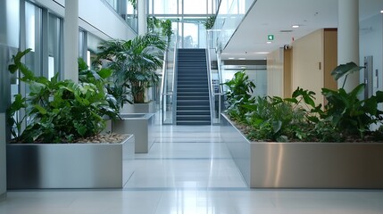 Modern office building interior with lush green plants in sleek metal planters flanking a staircase, creating a tranquil and vibrant atmosphere. : Generative AI
