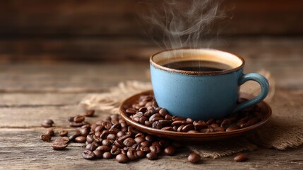 A 4K photo of steaming Cup of Freshly Brewed Coffee Presented with Roasted Beans on a Rustic Wooden Tabletop.