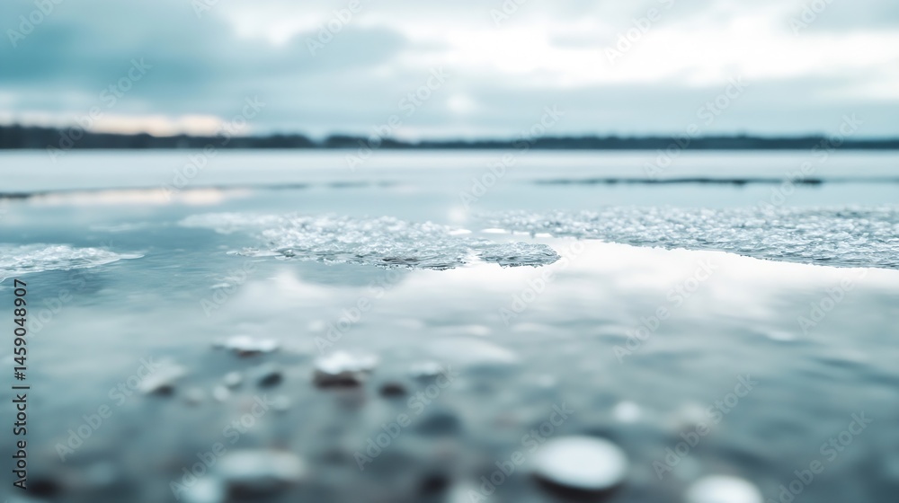 Leinwandbilder close-up view of melting ice on a tranquil lake, showcasing the delicate texture of the ice crystals