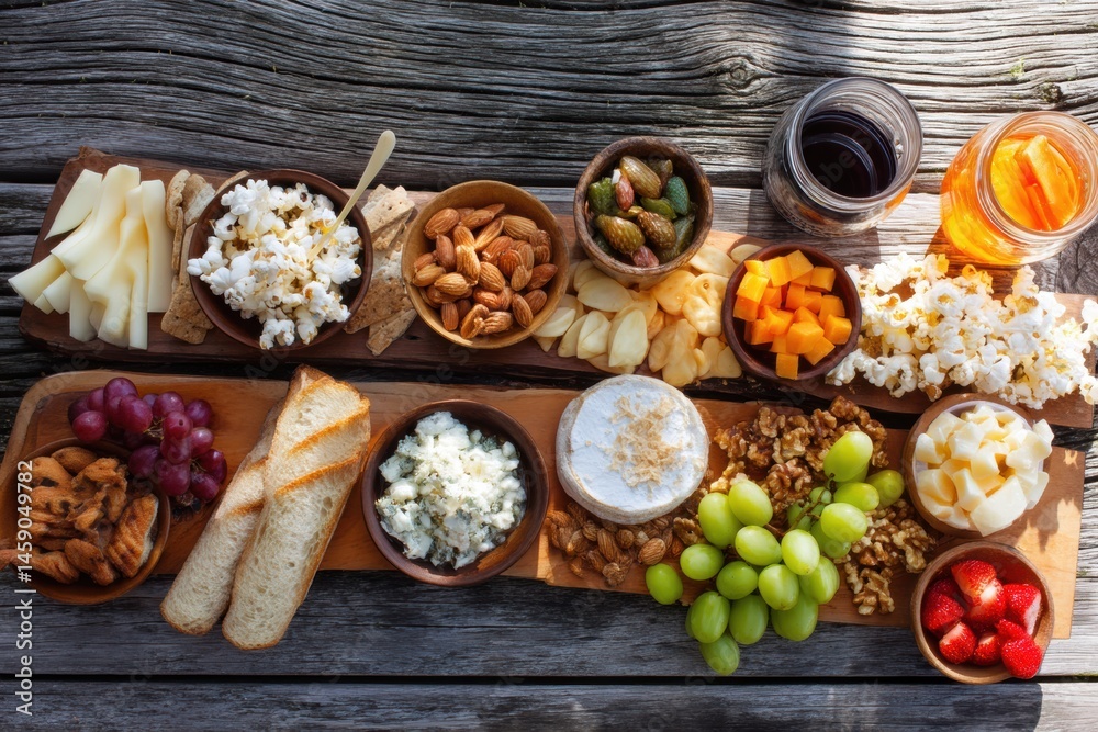 Aufkleber Delightful Assortment of Picnic Snacks on a Wooden Table in a Sunny Outdoor Setting Generative AI