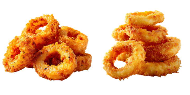 Crispy Fried Onion Rings Stacked and Piled Isolated on a Transparent Background