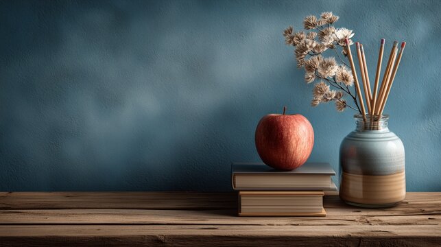 Minimalist still life with red apple on stacked books and pencils in ceramic jar on wooden table against blue background perfect for Teacher’s Day visuals and educational design content