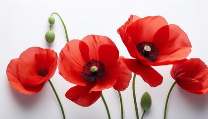 red poppy flowers isolated on white background