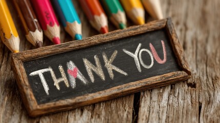 Close-up of colorful pencils and handwritten chalk thank you message on wooden table ideal for Teacher Appreciation Week designs, educational materials and creative thank-you visuals