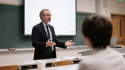 Professor lecturing in a classroom gesticulating