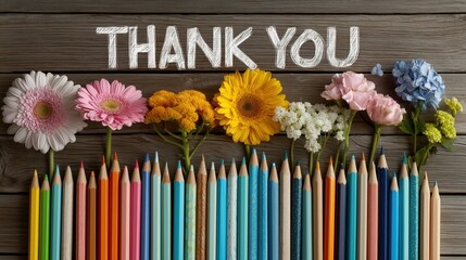 Arrangement of colorful flowers and sharpened pencils lined up below chalk thank you message on wood background ideal for Teacher Appreciation Week visuals and school celebration content