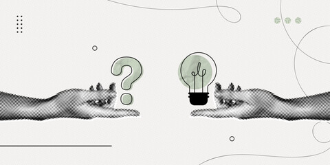 Trendy Halftone Collage Problem solving concept. Two hands hold lightbulb and question mark. Business solution. Creative mind or brainstorm. Ask for reply. Contemporary vector illustration art