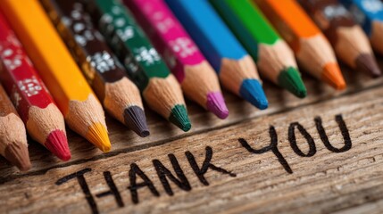 Close-up of sharpened colored pencils on rustic wood with handwritten thank you text ideal for Teacher Appreciation Week classroom decorations and creative educational visuals