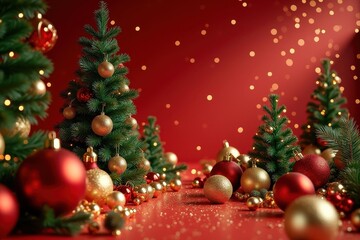 Fototapeta premium Winter festive magic. Christmas tree decorated with red and gold baubles beside scattered ornaments on festive red background for holiday celebration greeting card winter season joy