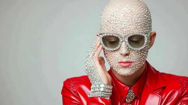 Sparkling glamour: person in red jacket and rhinestone mask strikes a pose with chic style and confidence