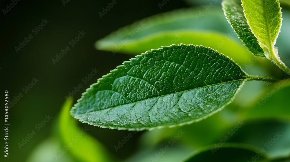 Poster close-up view of a vibrant green leaf, showcasing intricate vein patterns and a serrated edge, set a