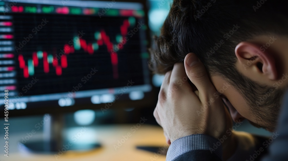 Aufkleber Stressed businessman reviewing negative stock market data on computer screen, hands covering face in office at night. : Generative AI