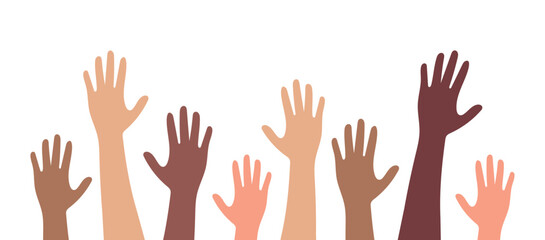 Multi-ethnic and diverse hands raised up. Vector illustration of unity, inclusion, support, and equality. Colorful hands isolated on white background. Perfect for social concepts.