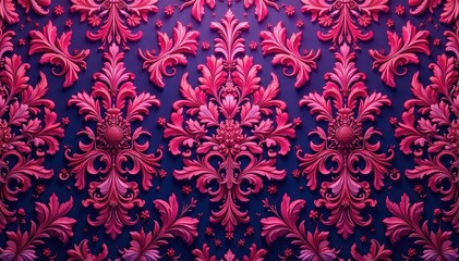 Intricate fuchsia floral damask, repeating motif, blossom, pattern