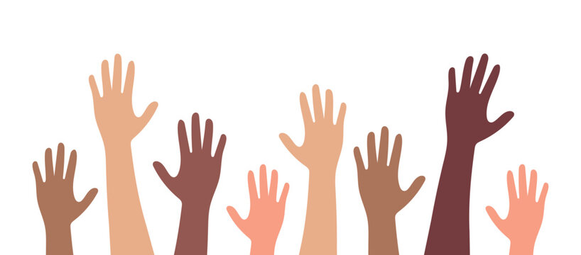 Multi-ethnic and diverse hands raised up. Vector illustration of unity, inclusion, support, and equality. Colorful hands isolated on white background. Perfect for social concepts.