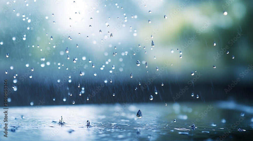 Fototapete Falling raindrops on a dark, still surface, creating small ripples and splashes; a serene, moody image with cool blue tones and a tranquil atmosphere. : Generative AI