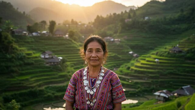Portrait of an Elderly Woman in Traditional Attire Amidst Terraced Rice Fields at Sunset in a Rural Landscape