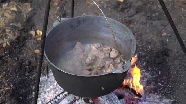 Stew meat in a cauldron over a fire. Boiling and frying. Camp fire outdoor hot food cooking