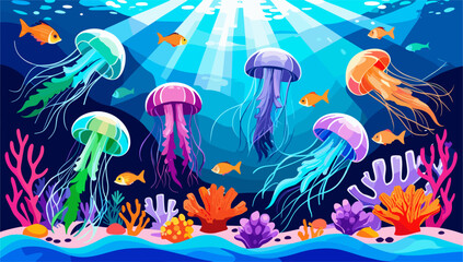 A colorful underwater scene with jellyfish and fish. The jellyfish are in various colors and sizes, and the fish are swimming around them. Scene is peaceful and serene, as the jellyfish