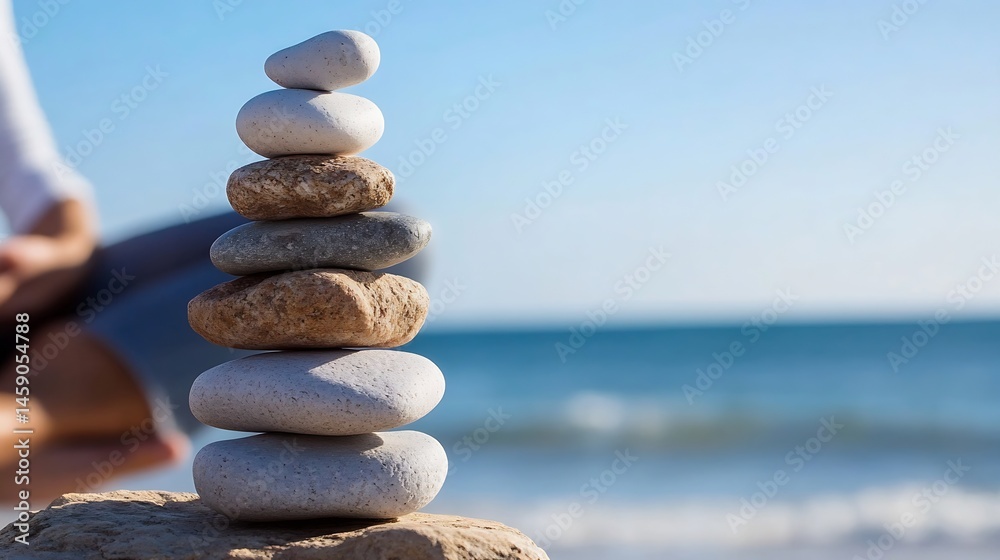 Poster Serene beach scene featuring a carefully balanced stack of smooth stones, symbolizing peace and tranquility.  A blurred figure in the background adds a sense of calm and meditation. : Generative AI