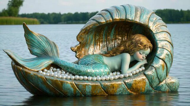 Serene mermaid resting in a giant open clam on a tranquil lake