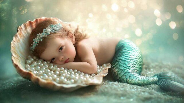 Adorable baby mermaid resting in seashell with glittering pearls and dreamy background