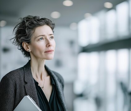 Mujer de negocios, 50s, blanca, seria y responsable, de perfil en un espacio amplio, moderno de oficinas, pensativa, toma de desiciones, laboral, proyecci&oacute;n de futuro, tonos grises