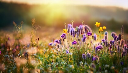 Naklejka premium beautiful nature in meadow flowering wild thume with unusual flowers and plants