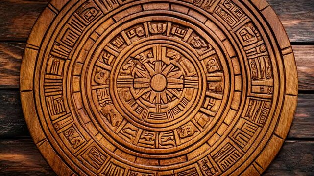 Ancient wooden mayan calendar carving rotating against rustic background