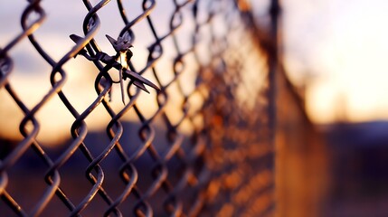 Close-up view of a rusty barbed wire entangled in a chain link fence at sunset, casting warm orange hues on the metal. : Generative AI