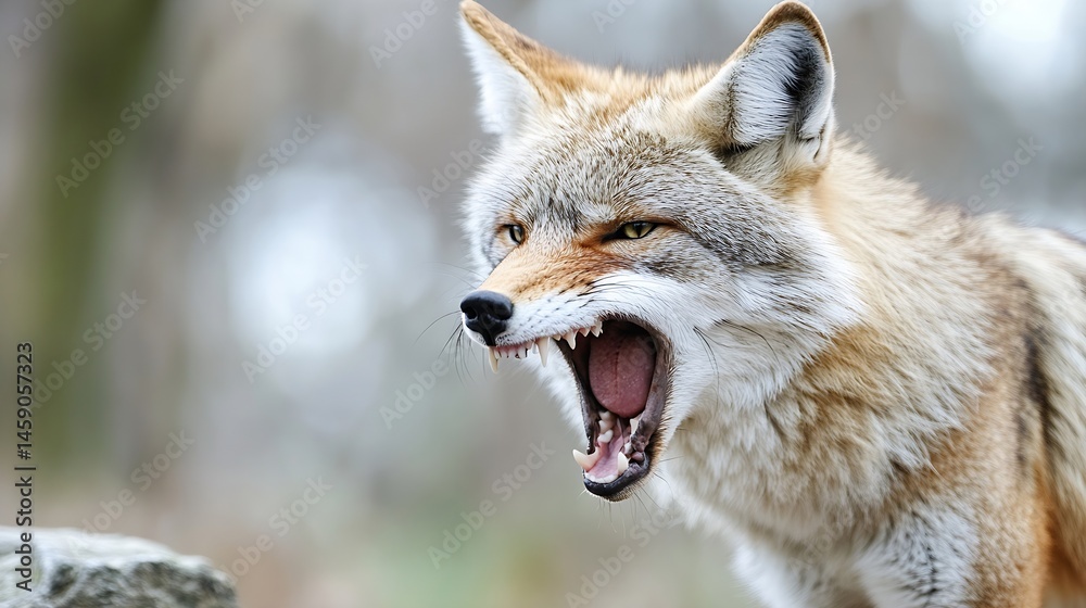Poster close-up portrait of a coyote with its mouth open, revealing sharp teeth, set against a blurred natu