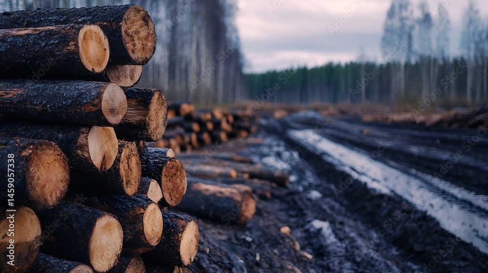 Aufkleber A stack of charred logs rests near a muddy forest road, showcasing the aftermath of a logging operation or wildfire, with blurred trees in the background. : Generative AI