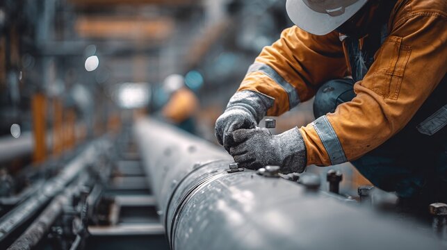 Worker in safety gear tightening a pipe in an industrial facility with machinery in the background