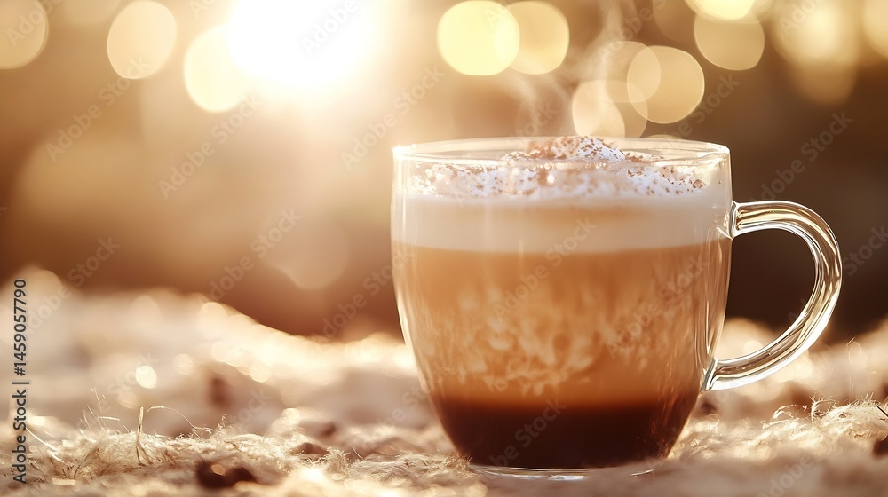 Poster warm latte in a glass mug, sitting on a soft, textured surface with a bokeh background of warm sunse