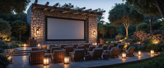 Outdoor home theater with stone structure and comfortable seating amidst lush garden