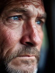 Obraz premium Close-up portrait of a mature man with blue eyes, weathered skin, and a graying goatee, gazing pensively off-camera. : Generative AI