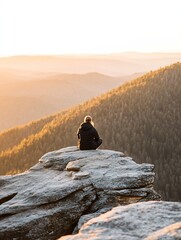 Woman meditates on a rocky outcrop at sunrise, overlooking a vast, golden-hued forest stretching across rolling hills and valleys. : Generative AI
