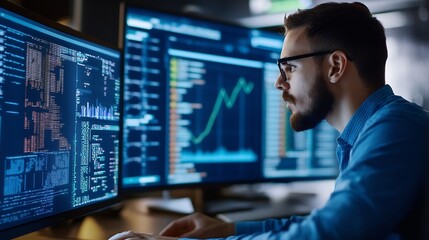 Focused programmer reviewing code on multiple monitors, illuminated by screen glow, late night work, software development, data analysis, problem solving. : Generative AI