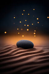 Solitary zen stone atop sculpted sand with golden glow